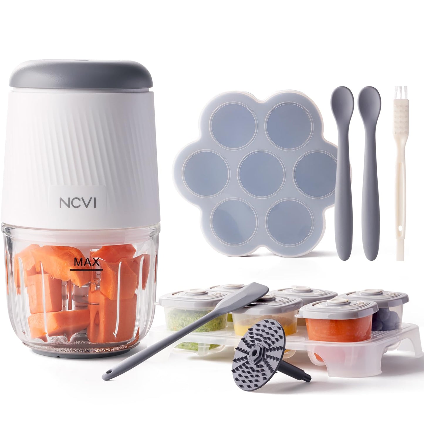 NCVI Puree Baby Food Processor Glass Set, Mini Infant Food Maker Blender Machine with 8 Blades and Grinding Disc, Small Blender for Baby Food Including Containers, Silicone Tray and Tableware