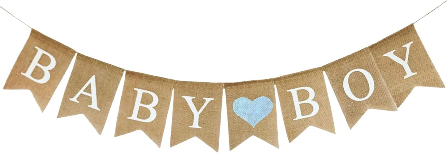 Baby Boy Burlap Banner for Baby Shower Decorations and Gender Reveal Party (Light Blue Heart)