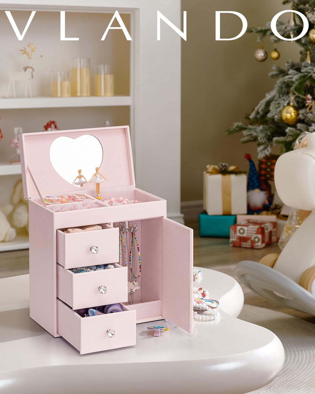 Vlando Musical Jewelry Box for Girls, Large Kid Music Box with Ballerina for Birthday Bedroom Decor, 4 Layer Girl Jewelry Gifts for Girls Kids - Light Pink