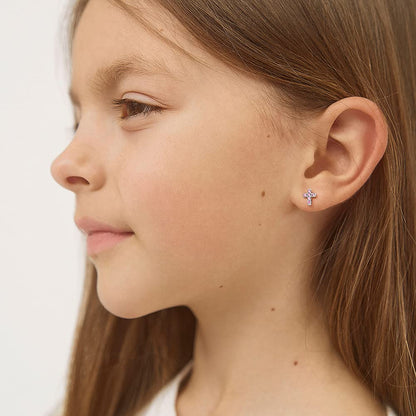 925 Sterling Silver Cubic Zirconia Little Cross Shape Stud Earrings with Safety Screw Back Lock for Toddlers, Little Girls, Pre-Teens & Teens - Christian Jewelry for Sweet & Loving Children