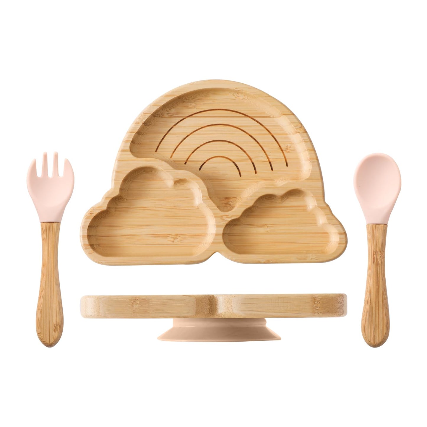 Bamboo Suction Plates Bowls Set for Baby Toddler Divided Platter Food bowl with Silicone Fork & Spoon All-Natural Baby Feeding Set for Baby-Led Weaning, Non-Slip Design