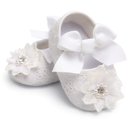 Baby Girls Mary Jane Flats with Bowknot Flowers Soft Newborn Infant First Walkers Crib Shoes Wedding Party Christmas Dress Shoes