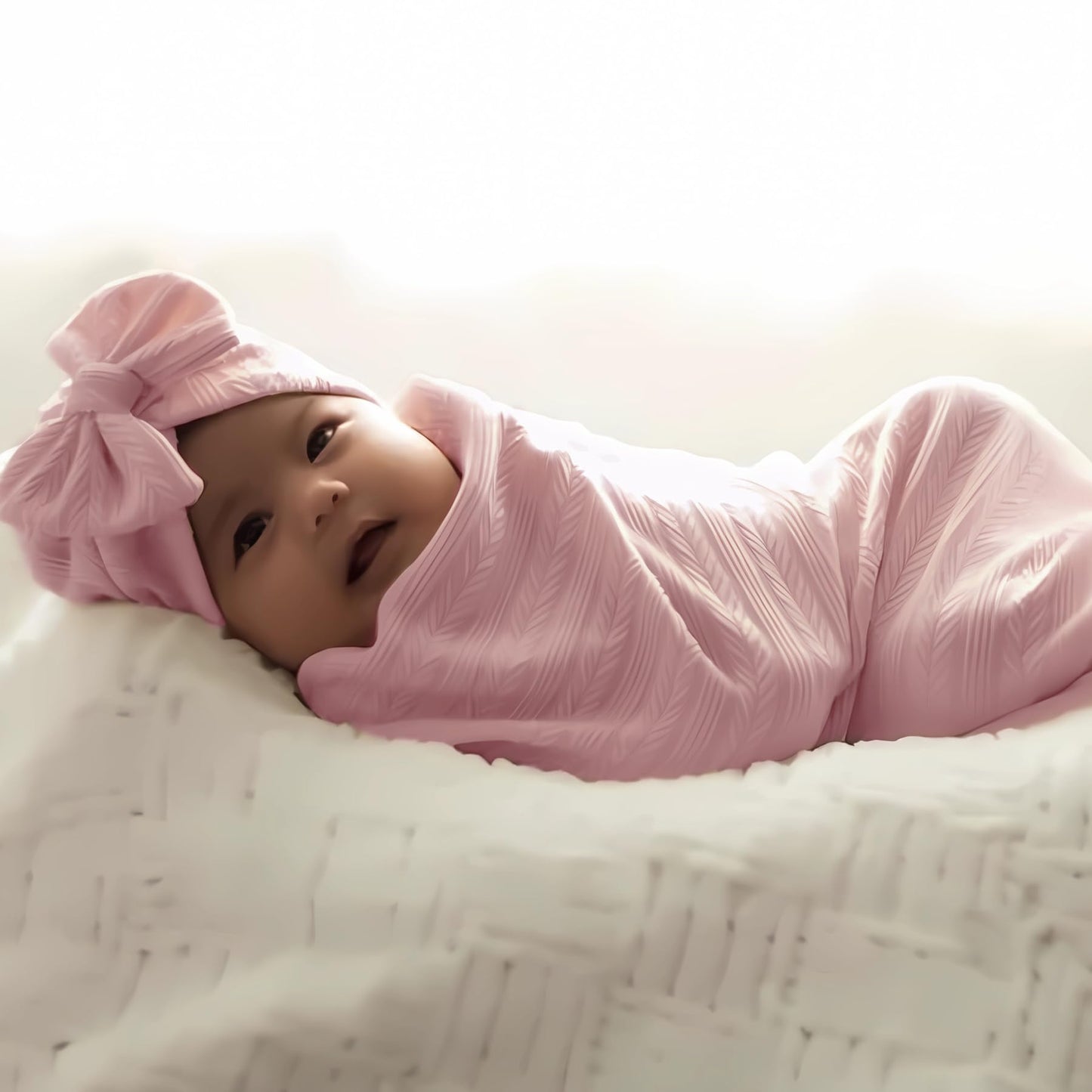 Jastore Baby Infant Swaddle Blankets for Girls 3PCS Newborn Accessories Set with Matching Hat and Bow Headband (Pale Pink, 33"*35")