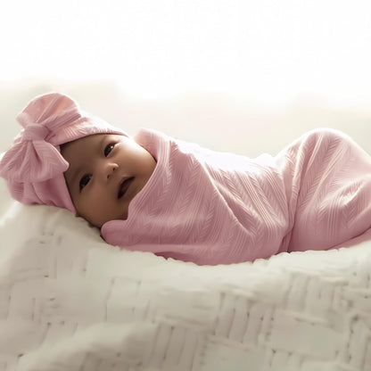 Jastore Baby Infant Swaddle Blankets for Girls 3PCS Newborn Accessories Set with Matching Hat and Bow Headband (Pale Pink, 33"*35")