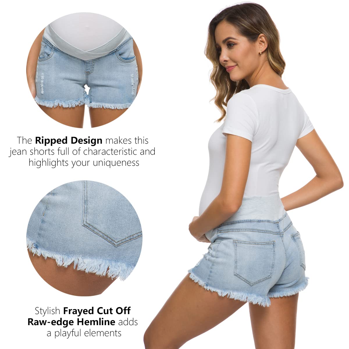 Foucome Women's Maternity Ripped Jean Shorts Summer Distressed Denim Shorts