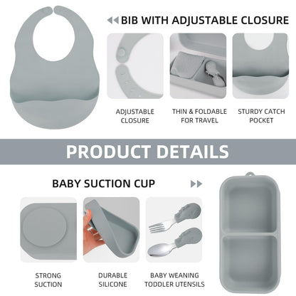 Travel Silicone Baby Feeding Set with 316 Stainless Steel Spoon & Fork ,Silicone Suction Plates, Foldable Bib, Storage Bag - Portable Infant Toddler Utensils, 6-Piece BPA-Free Dishware Kit（gray）