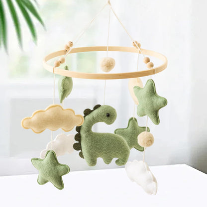 Soft Green Dinosaur Theme Baby Mobile for Crib, Simple Crib Bell for Boys and Girls,Handmade Felt Clouds Nursery Ceiling Decoration,Easy to Install Cotton Animal Charms for Bassinet
