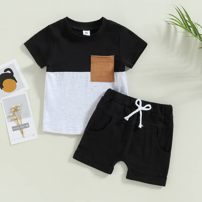 Karwuiio Toddler Baby Boy Summer Outfit Short Sleeve T-Shirt Tops Elastic Waist Shorts Set Baby Boys Clothes