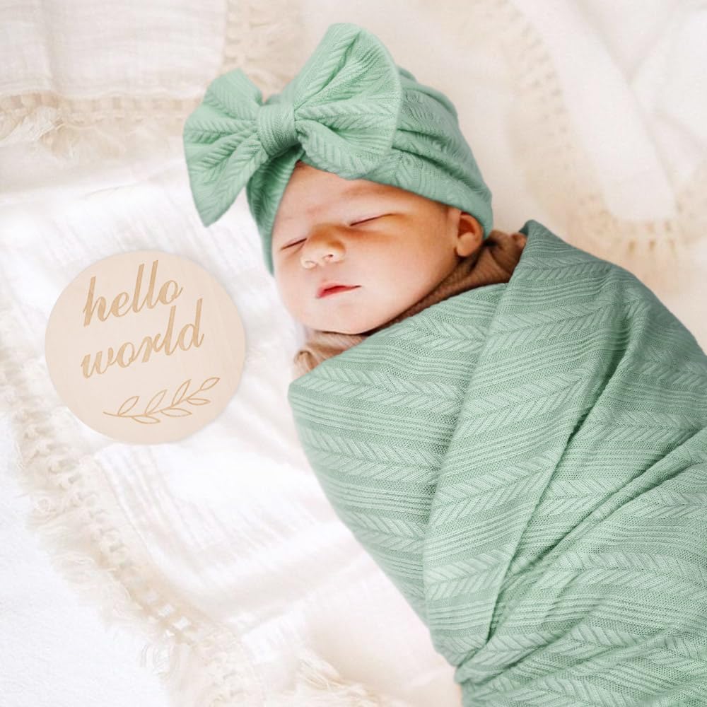 Newborn Receiving Blanket with Bow Hat Mittens Wooden Card Set Wheat-Pattern Newborns Toddler Baby Boy Girl Nursery Swaddle Wrap