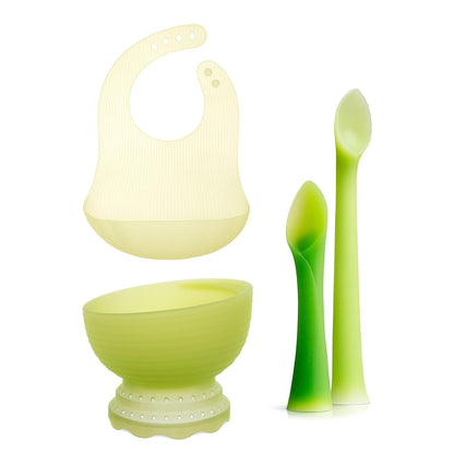 Olababy First Feeding Set + Olababy Fold N Go Silicone Baby Bib w Travel Case (Lemon)