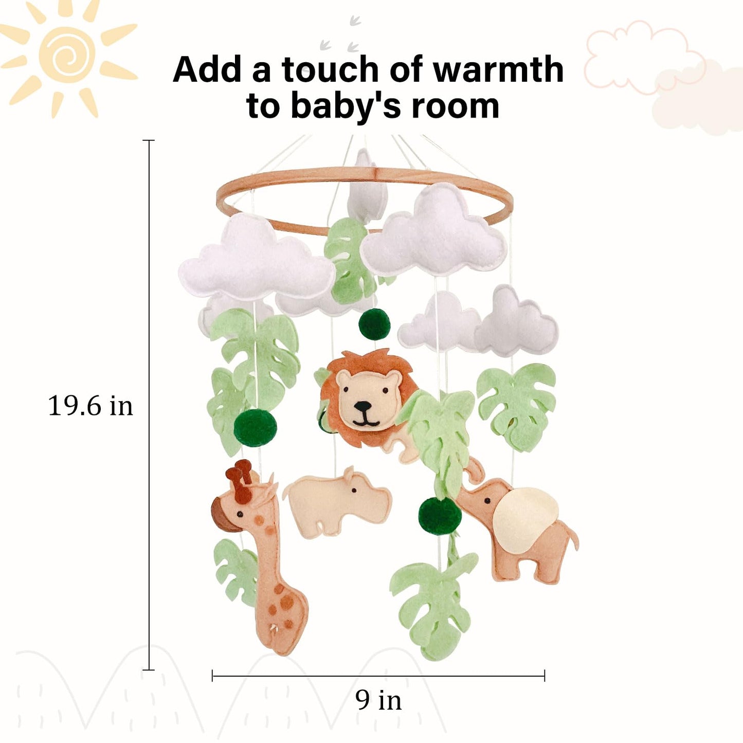 Safari Baby Mobile, Jungle Mobile for Crib, Crib Mobile for Boys and Girls, Nursery Mobile for Bassinet, Pack and Play,Lion Elephant Giraffe Hippopotamus Mobile