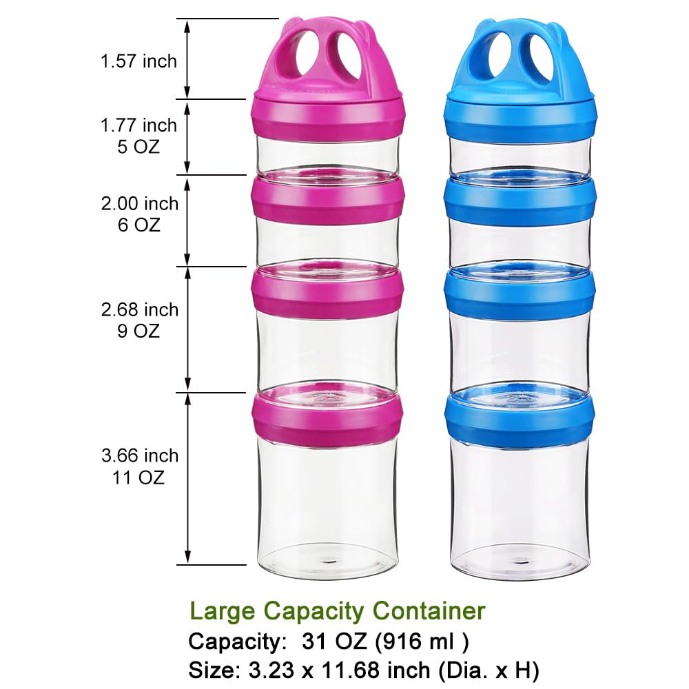 SELEWARE Portable Stackable Food Storage Containers for Snacks Formula Powder and Drinks Twist Lock System Airtight Leak-proof BPA and Phthalate Free 4 Piece Jars 31oz Blue