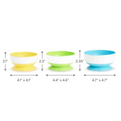 Munchkin Stay Put Suction Bowls for Baby and Toddler, 3 Pack, Blue/Green/Purple