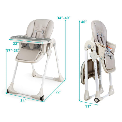 BABY JOY Convertible High Chair for Babies & Toddlers, Height Adjustable, Grow & Go High Chair w/Recline & Footrest, Removable Double Tray, Portable Baby Dinning Chair with Wheels (Beige)