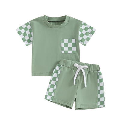 Infant Baby Boy Summer Clothes Outfit Color Block T-shirt Shorts Set Toddler Checkerboard Clothes 6 12 18 24 Months