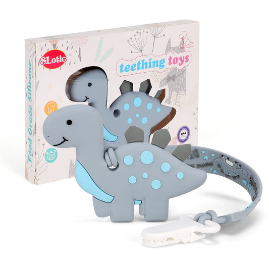 Baby Teething Toys for Babies 3-6 6-12 Months, Dinosaur Teether Pain Relief Toy with One Piece Design Pacifier Clip Holder Set, Freezer Safe Neutral Shower Gift for Boys and Girls (Pink)