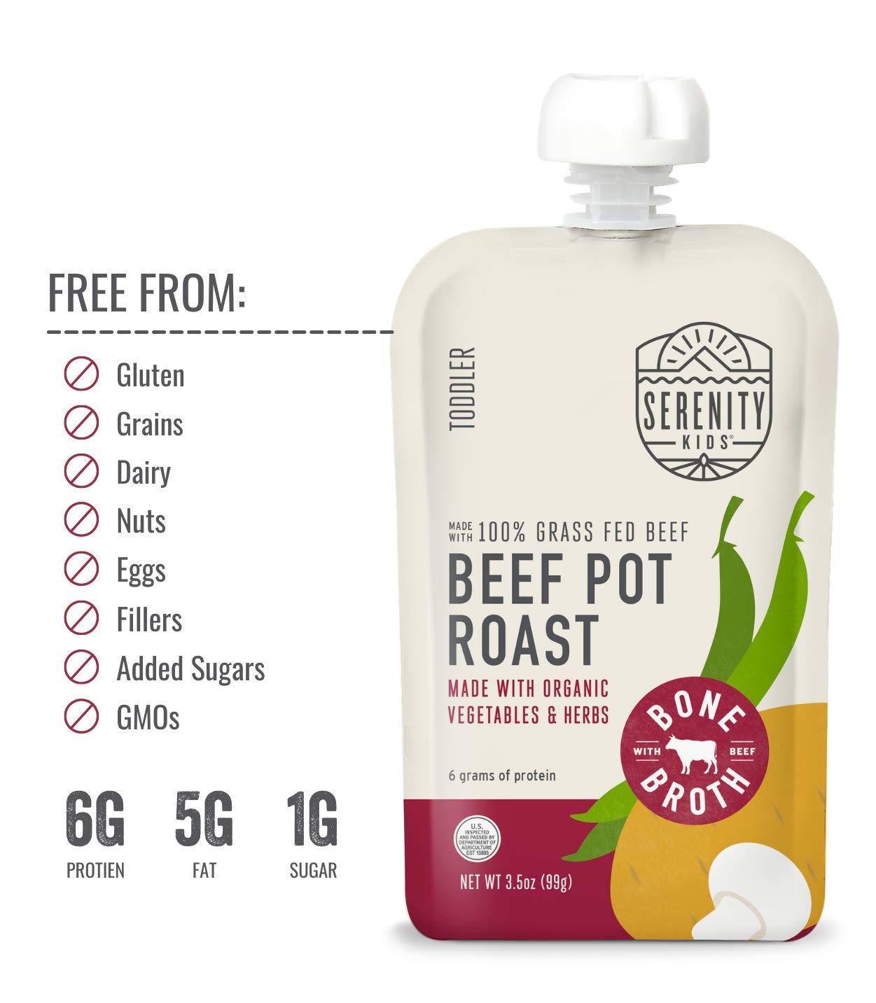 Serenity Kids 7+ Months Bone Broth Puree Made With Organic Veggies - Clean Label Project Purity Award Certified - 3.5 Ounce BPA-Free Pouch - Grass Fed Beef Pot Roast - 12 Count - Baby Food Pouch
