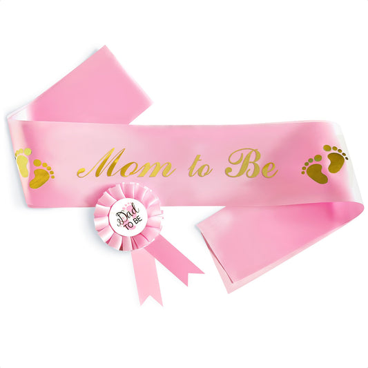 Pink Baby Shower Decorations Mom to Be Sash Baby Shower Decorations for Girl and Sash Daddy to Be Badge - Glossy Texture, Wearable Brooch, Wear-Resistant, set with Ribbon and Badge, Delicate craft