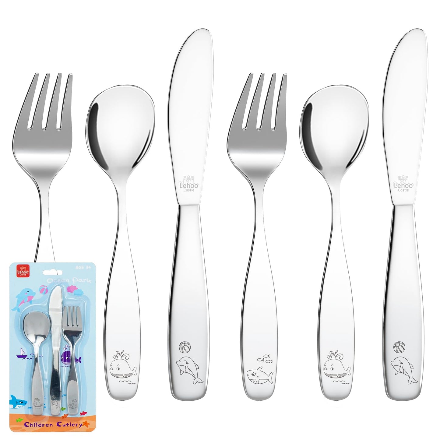 Lehoo Castle Kids Silverware Stainless Steel 6 Piece - Toddler Spoons and Forks Knife Set, Metal Kids Cutlery Set, Toddler Utensils Self Feeding (Dinosaur World)