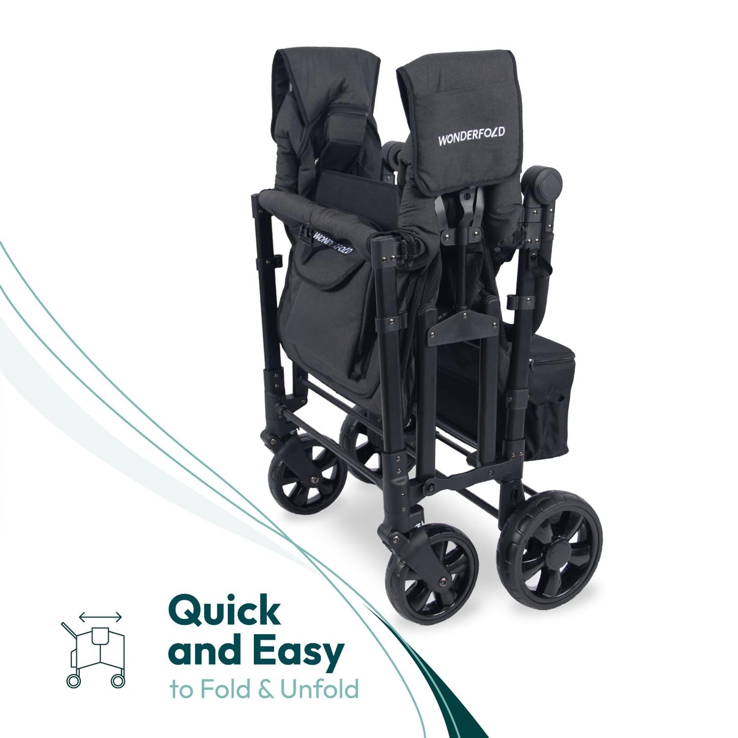 WONDERFOLD W4 Original Stroller Wagon (4 Seater) - Collapsible Wagon Stroller with Seats with 5-Point Harnesses, Easy Access Zipper Door, and Removable Sun Canopy, Black