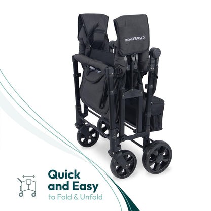 WONDERFOLD W4 Original Stroller Wagon (4 Seater) - Collapsible Wagon Stroller with Seats with 5-Point Harnesses, Easy Access Zipper Door, and Removable Sun Canopy, Black