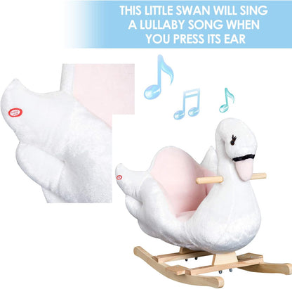 Qaba Kids Ride On Rocking Horse Plush Swan Style Toy with Music for Over 18 Months Children, White and Pink