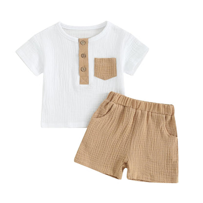 fhutpw Baby Boy Summer Outfits Henley Shirt Soft Pocket Short Sleeve Tops & Shorts Sets Infant 3 6 12 18 Months 2T Clothes