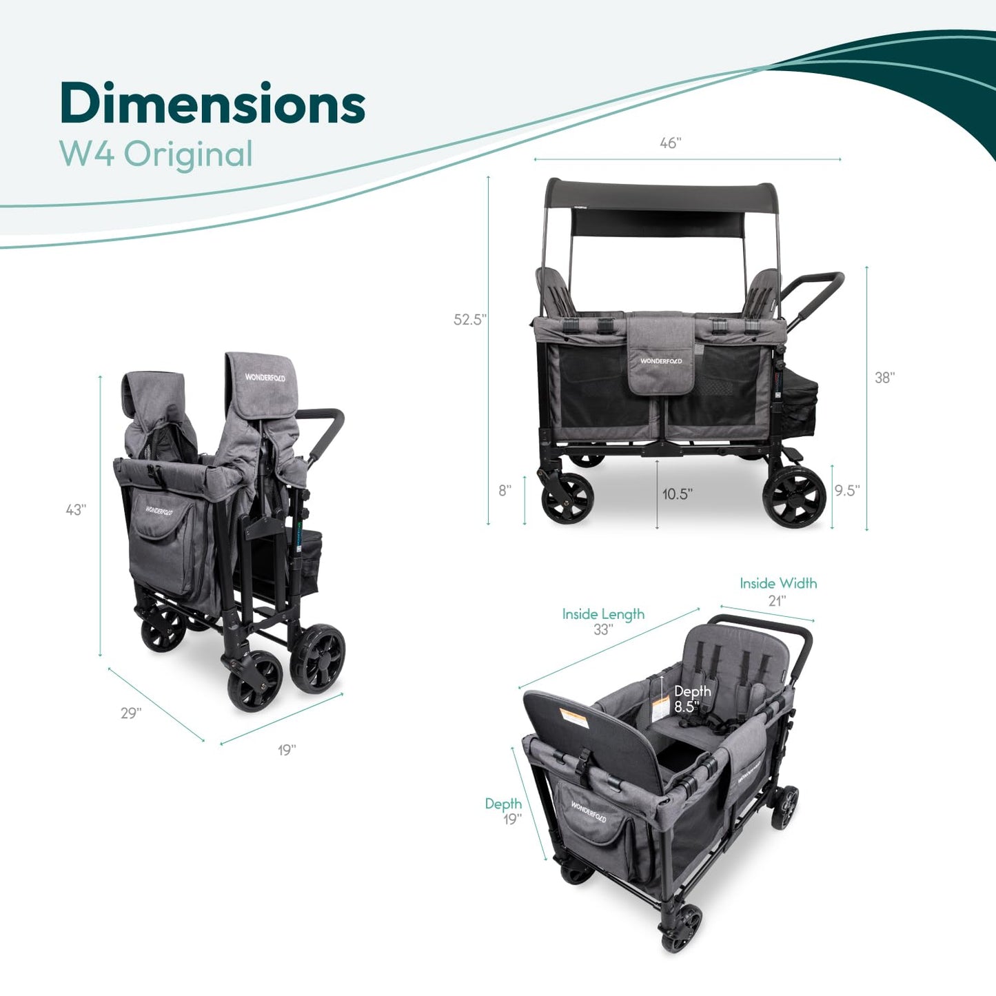 WONDERFOLD W4 Original Stroller Wagon (4 Seater) - Collapsible Wagon Stroller with Seats with 5-Point Harnesses, Easy Access Zipper Door, and Removable Sun Canopy, Black