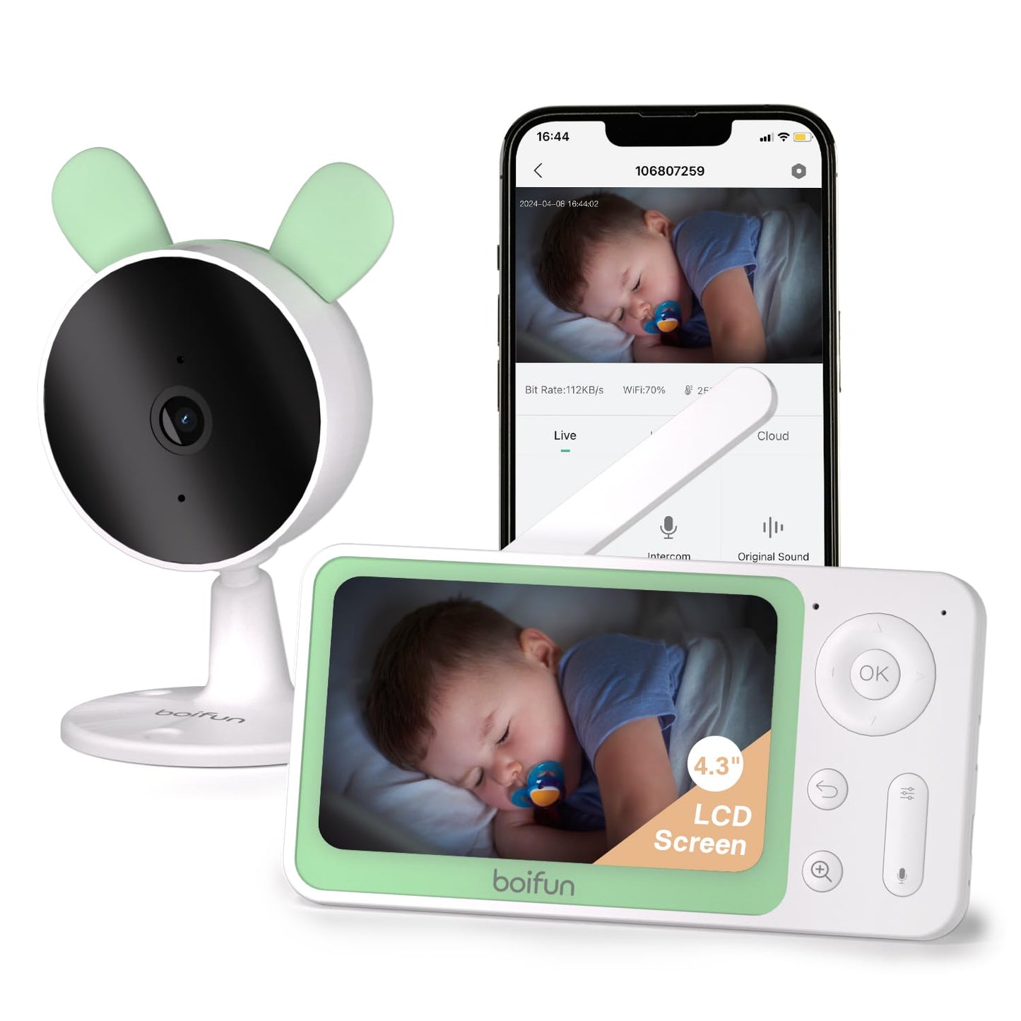 BOIFUN Split Screen Video Baby Monitor WiFi, 2 Cameras, Smartphone APP Control & LCD Monitor, AI Motion & Sound Detection, 4.3'' 4X Zoom, 1080P Smart (Monitor para Bebe), Area Alarm, Video Recording