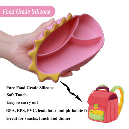 Silicone Suction Plates for Baby Toddler with Spoon Fork set Divided Dinosaurs Plates Self Feeding Training Baby Dinner Plate-Green Dinosaurs Plate Set
