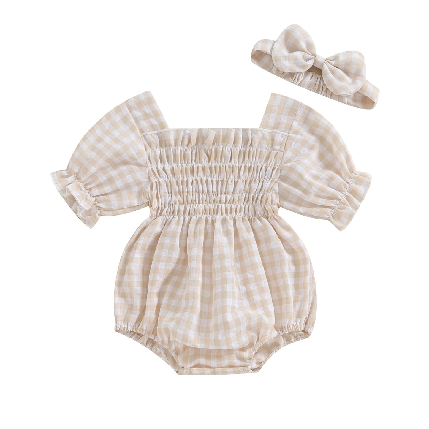 Infant Baby Girls Romper Ruffle Sleeve Pleated Smocked Bubble Plaid One Piece Ruched Jumpsuit Summer Bodysuit