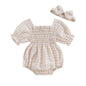 Infant Baby Girls Romper Ruffle Sleeve Pleated Smocked Bubble Plaid One Piece Ruched Jumpsuit Summer Bodysuit