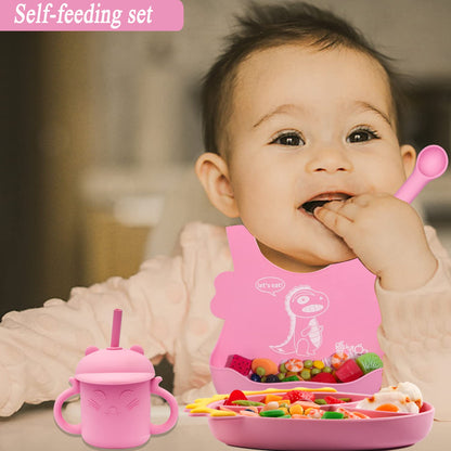Silicone Suction Plates for Baby Toddler with Spoon Fork set Divided Dinosaurs Plates Self Feeding Training Baby Dinner Plate-Green Dinosaurs Plate Set