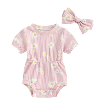 Baby Girl Summer Clothes Ribbed Short Sleeve Romper Solid Color Bodysuits Bow Headband Outfit Newborn Girl Jumpsuit