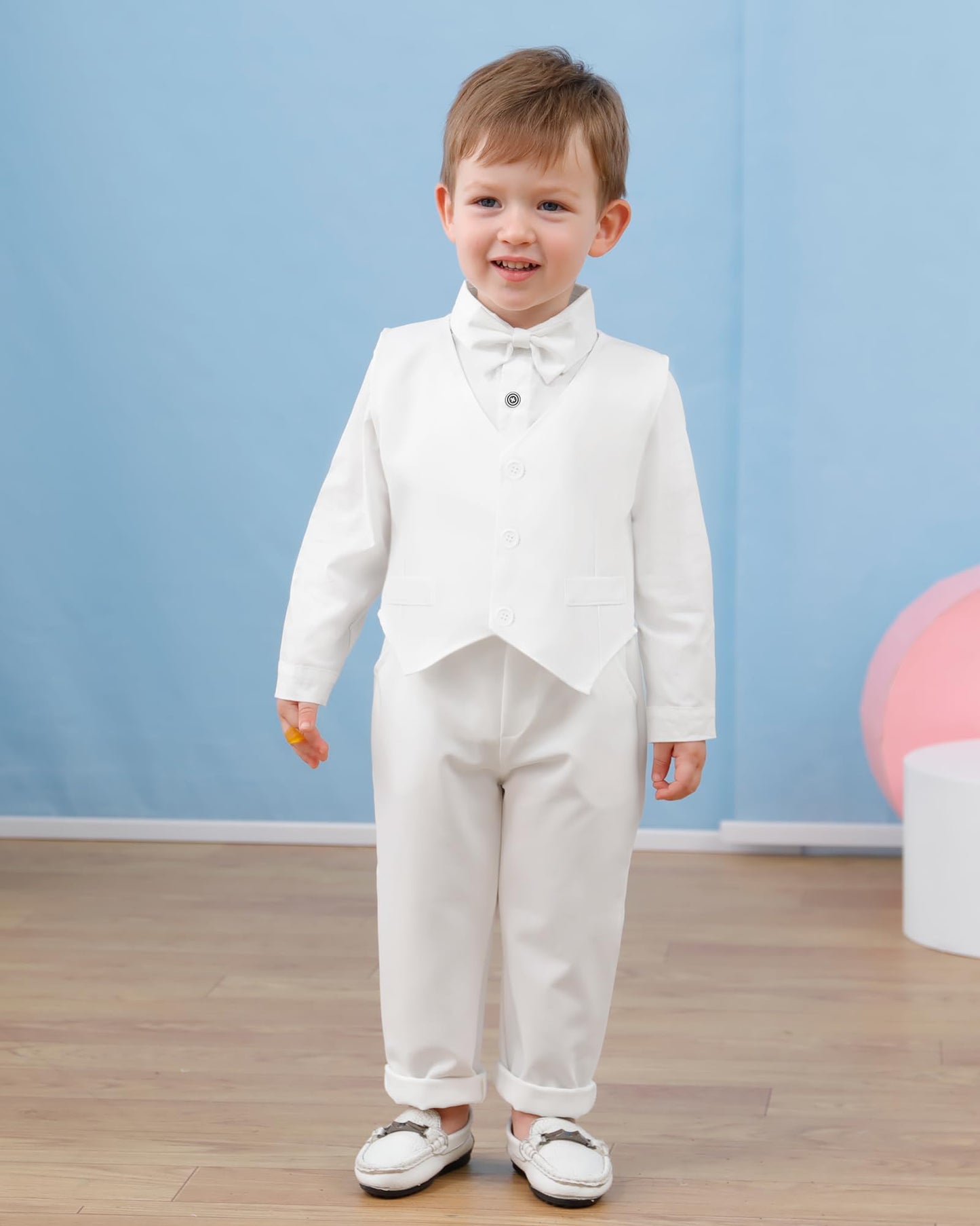 YUEMION Baby Boy Clothes Wedding Outfit Suits, 0-18 Months Infant Boy Gentleman Set, Dress Shirt+Vest+Suspender Pants+Bowtie