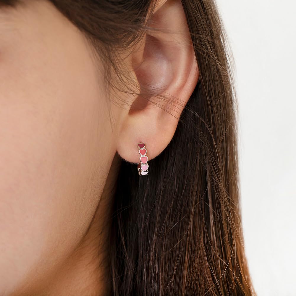925 Sterling Silver Tiny Heart Enamel Huggie Hoop Earrings - Multicolored Heart Themed Hoops