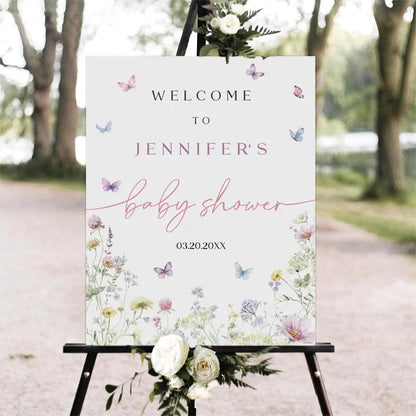 Printable Sign, Butterfly Baby Shower Welcome Sign, 12 x 18 inches to 24 x 36 inches, Corrugated Plastic, Romantic Style