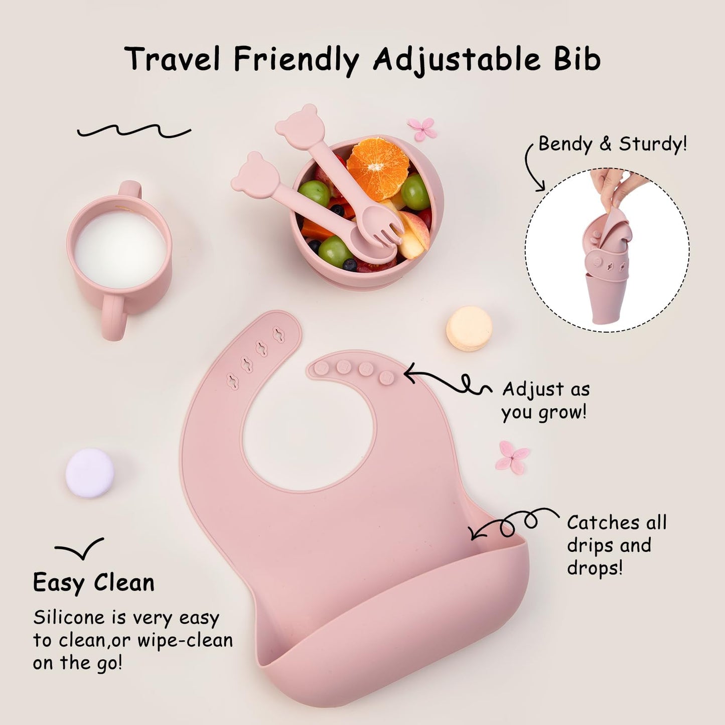 Baby Feeding Set, 13PCS Silicone Baby Self Feeding Set, Toddler Led Weaning Utensils Set with Suction Bowl and Plate, 3 Set of Baby Spoon and Fork, Adjustable Bid, Sippy Cup with Straw and 2 Lids