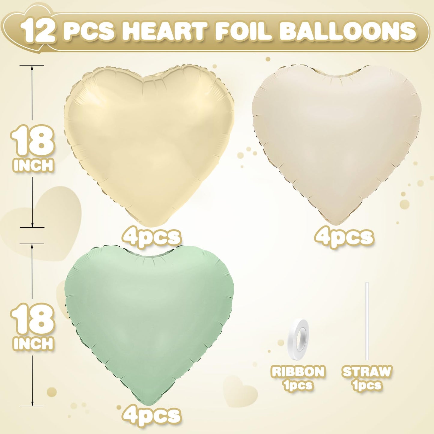Sage Green Gold Heart Balloons,12Pcs Light Gold Heart Shaped Foil Balloons,18Inch Cream White Helium Mylar Balloon for Baby Shower Birthday Anniversary Wedding Party Decorations