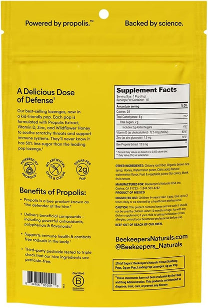 Kids Throat Soothing Lollipops by Beekeeper's Naturals - Doctor Formulated Immune Support, Vitamin D & Honey, Under 2g Sugar, Clean Ingredients,15 ct