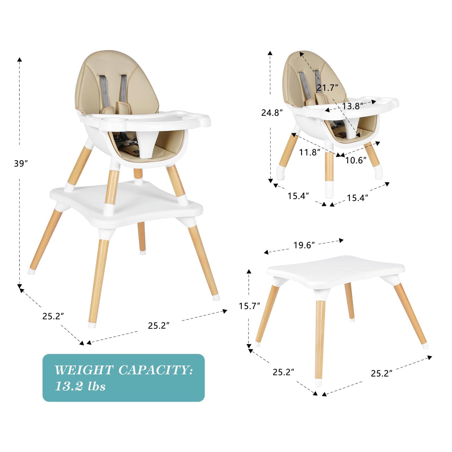 High Chair for Babies & Toddlers, Convertible Wooden 6 in 1 Baby Highchair, Table and Chair Set, Building Block Table, 5-Point Adjustable Seat Belts, 4-Position Removable Tray& PU Seat Cushion (Black)