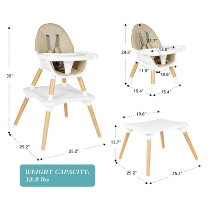 High Chair for Babies & Toddlers, Convertible Wooden 6 in 1 Baby Highchair, Table and Chair Set, Building Block Table, 5-Point Adjustable Seat Belts, 4-Position Removable Tray& PU Seat Cushion (Black)