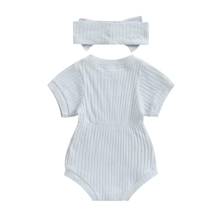 Baby Girl Summer Clothes Ribbed Short Sleeve Romper Solid Color Bodysuits Bow Headband Outfit Newborn Girl Jumpsuit