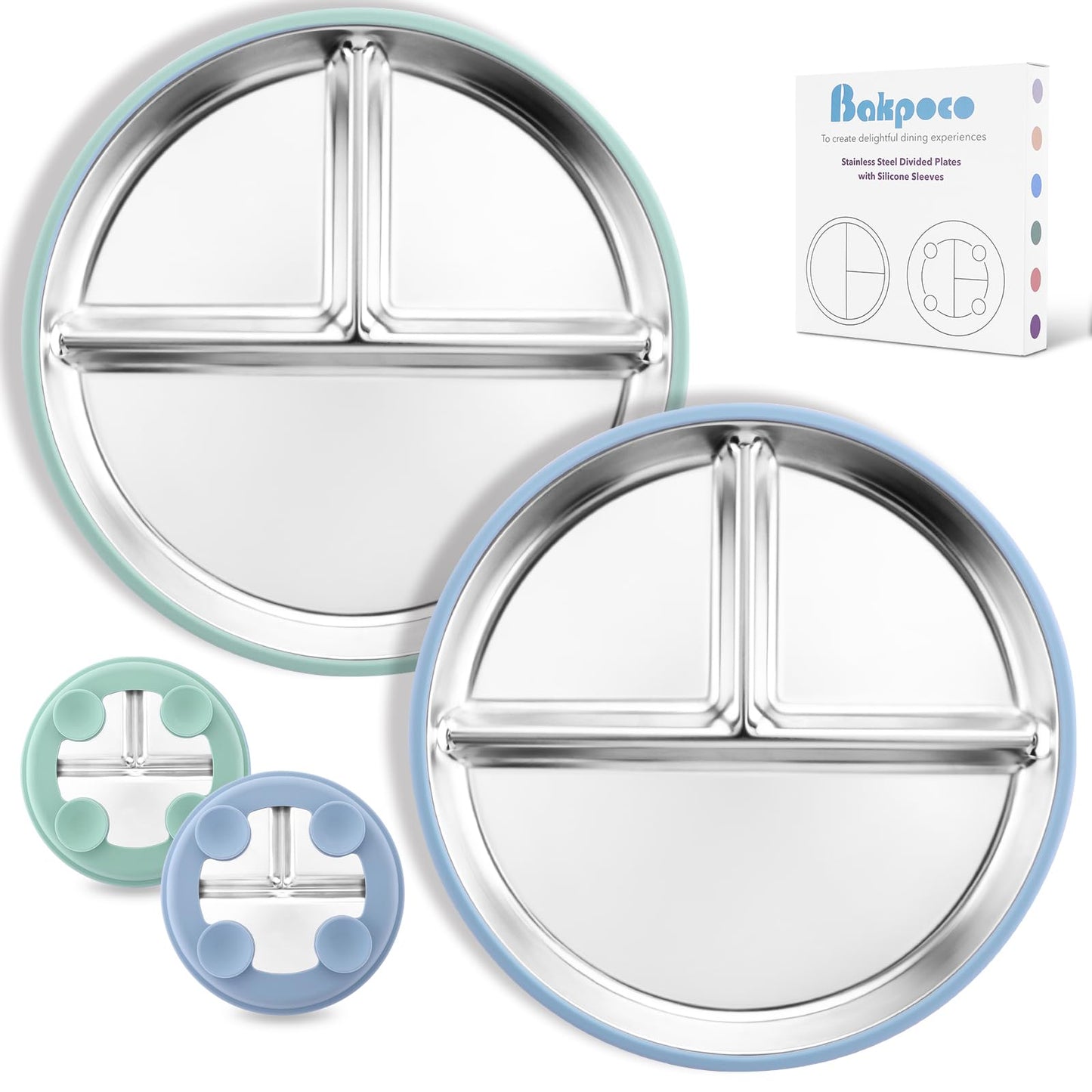 Stainless Steel Baby Plate with Suction, 9” Divided Toddler Plates with Removable Silicone Sleeves for Kids, Non-Toxic Non-Slip Unbreakable Dishwasher Safe Dinnerware Set of 2, Pink & Beige