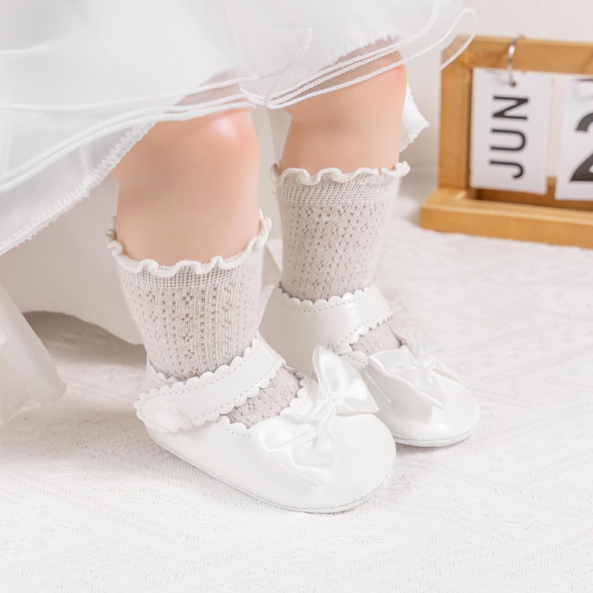 Meckior Newborn Baby Girls Dress Shoes Infant Bowknot Soft Sole Mary Jane Moccasins Baptism Christening Crib Shoes Wedding Princess Flats