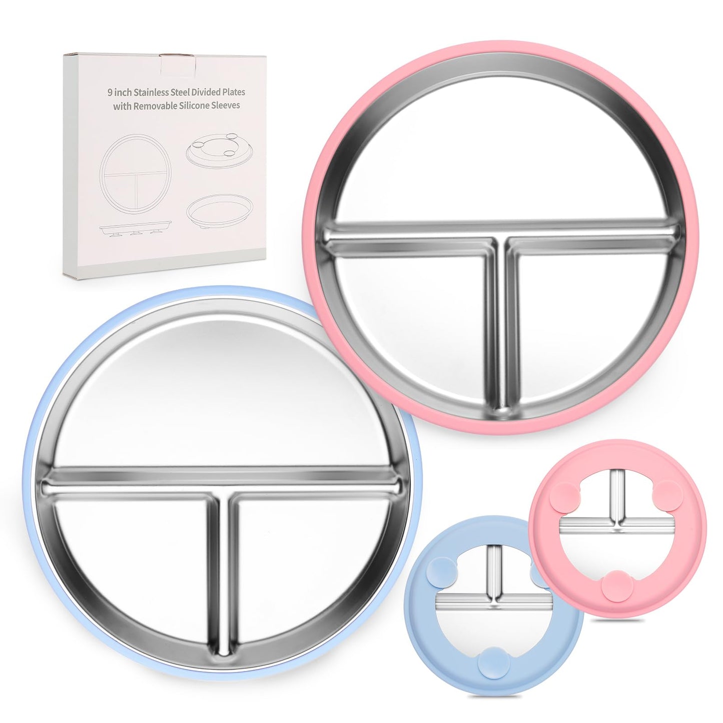 Stainless Steel Kids Plates, 2 Pcs Baby Silicone Suction Plate, 9" Divided Toddler Stainless Steel Plates, Non Toxic & BPA Free Non Slip, Dishwasher & Microwave Safe