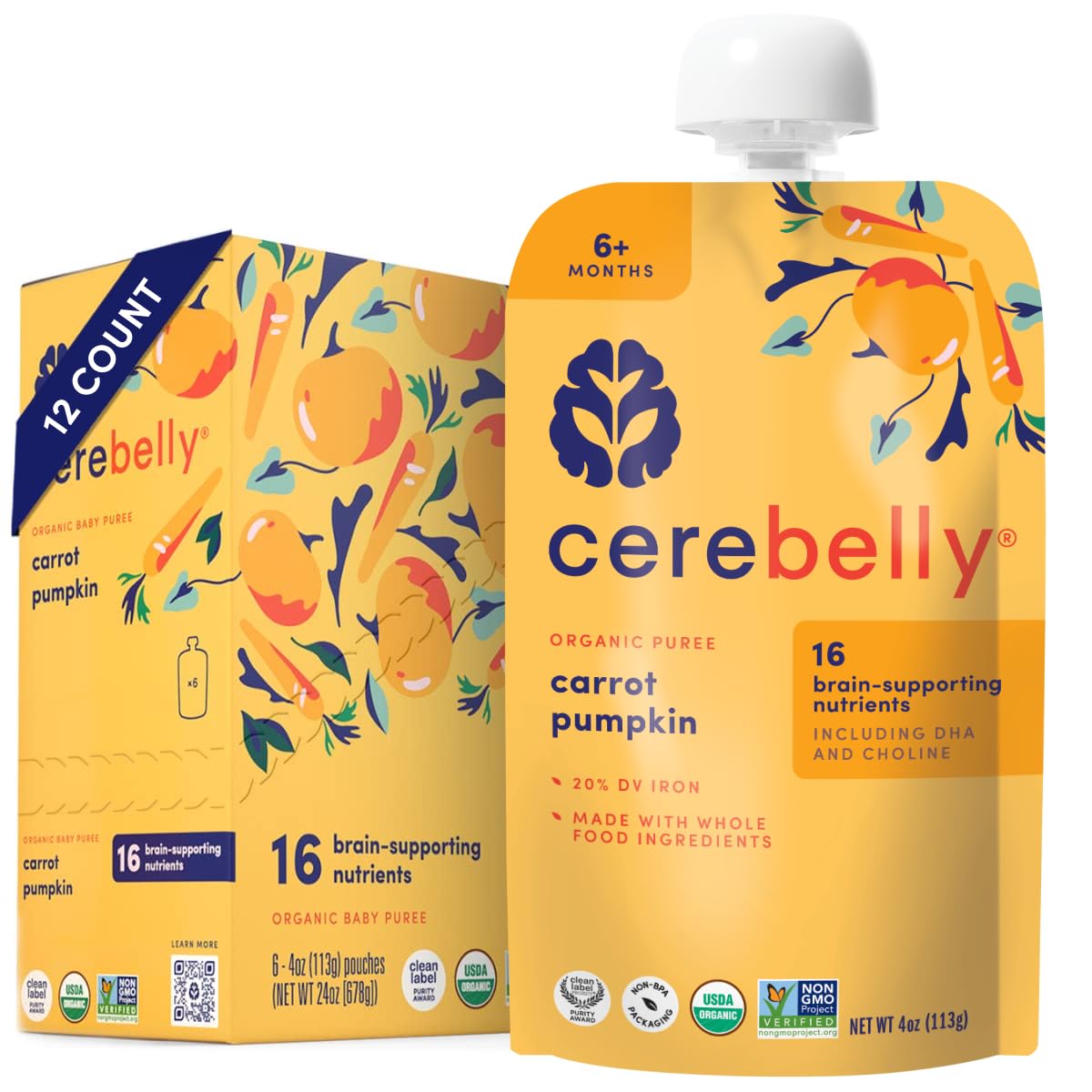 Cerebelly Organic Baby Food Pouches Variety Pack – Organic Veggie Purees for Toddlers | No Added Sugar, Fiber, Non-GMO | Blended Toddler Pouches | 4 Ounce BPA-Free Pouch | 4 Flavors | 8 Count