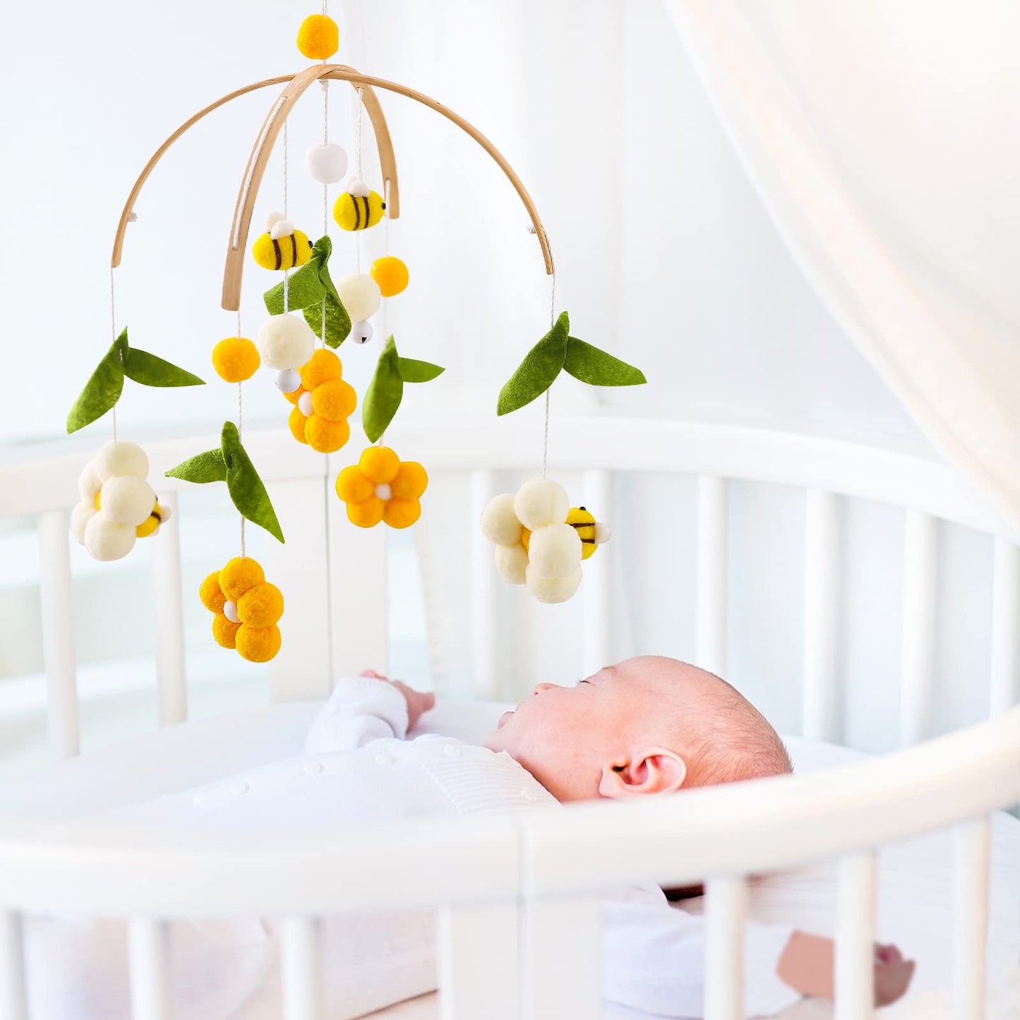 OESSUF Baby Mobile for Crib, Crib Nursery Mobile for Boys Girls, Boho Bee Flower Nursery Decor Soothe Toy Baby Shower Set for Infant Bedroom Hanging Decoration Toy, Pink