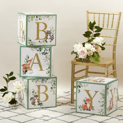 Kate Aspen Woodland Baby Shower Boxes with Letters for Baby Shower Gender Reveal Decorations Photo Prop & Forest Animal Nursery Decor (Set of 4 Blocks Spells Baby)