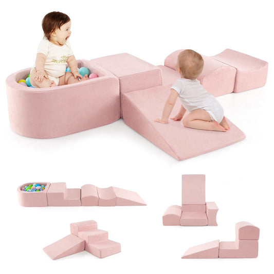 HONEY JOY Toddler Climbing Toys Indoor, 5-Piece Soft Foam Climbing Blocks w/Ball Pit, Washable Baby Playtime Playground Set, Modular Structure Gym Equipment, Kids Climb and Crawl Playset, Gift (Pink)
